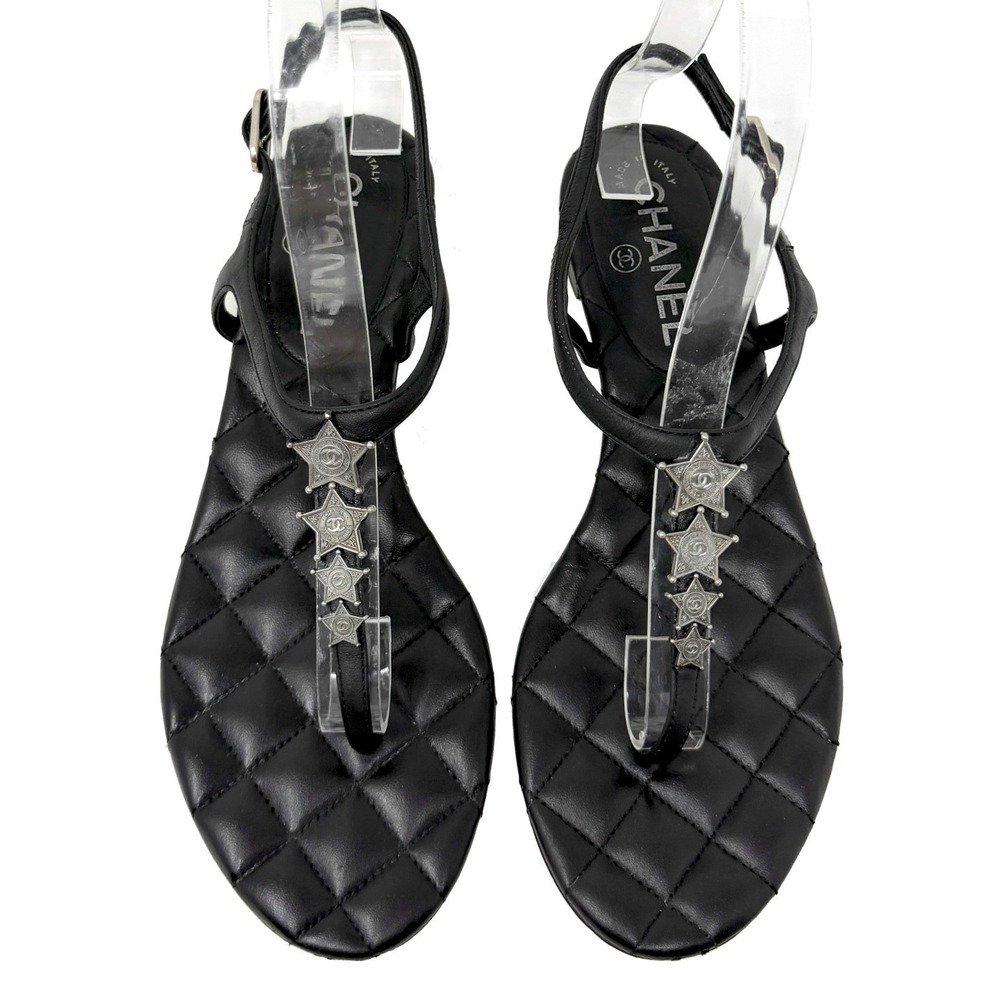 Chanel CC Star Charm Quilted Leather Flat Sandals Black 37.5‎